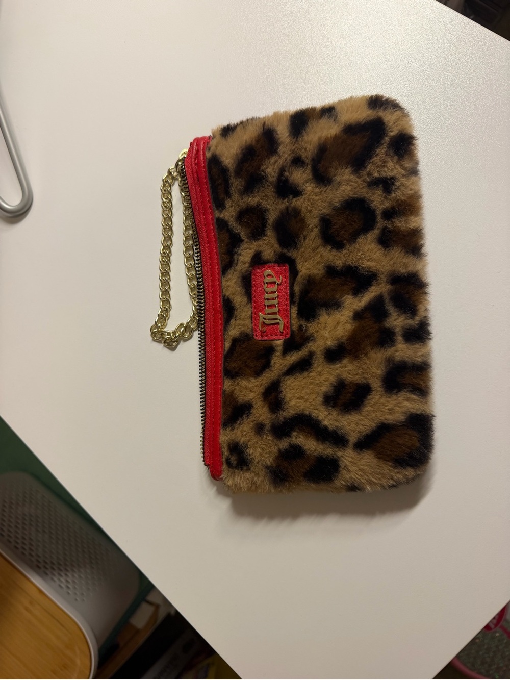 Juicy Couture Leopard Faux Fur Wristlet with Red Trim
